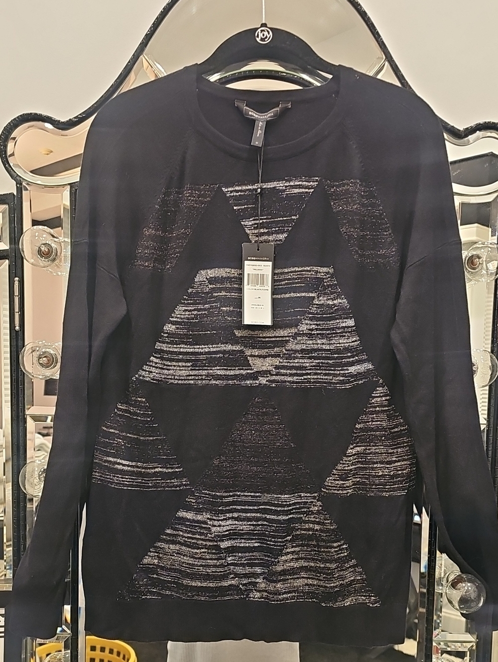 BCBGMaxAzria Black Knit Sweater with Silver Geometric Pattern